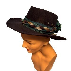 VTG Pigalle Black Felt Hat Braided Scarves Knit Flowers Size 6 7/8 Black/Teal